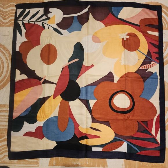 Autumn Tones 100% Silk Unisex Neck Scarf 27x27in Burnt Orange Navy Blue Florals - Picture 3 of 5